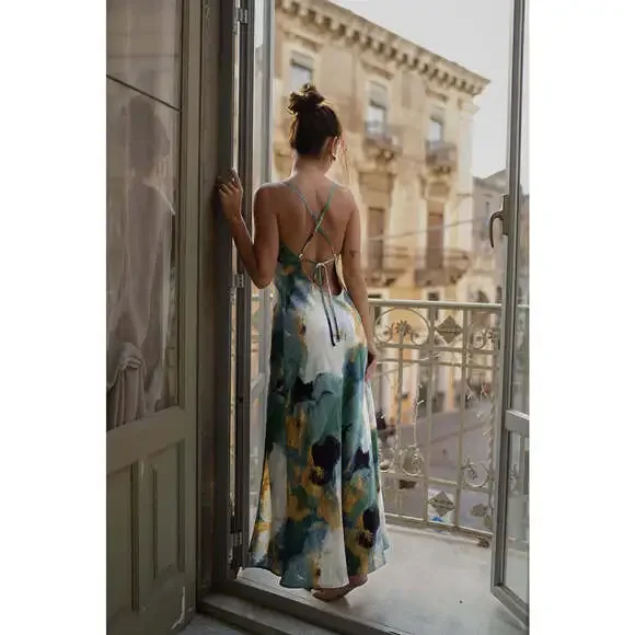 12th Tribe Natalia Blue and Gold Watercolor Maxi Dress Size MM - Picture 2 of 5